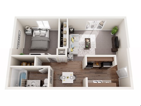 A top-down view of a small, neatly organized apartment with a bedroom, living room, and kitchen.